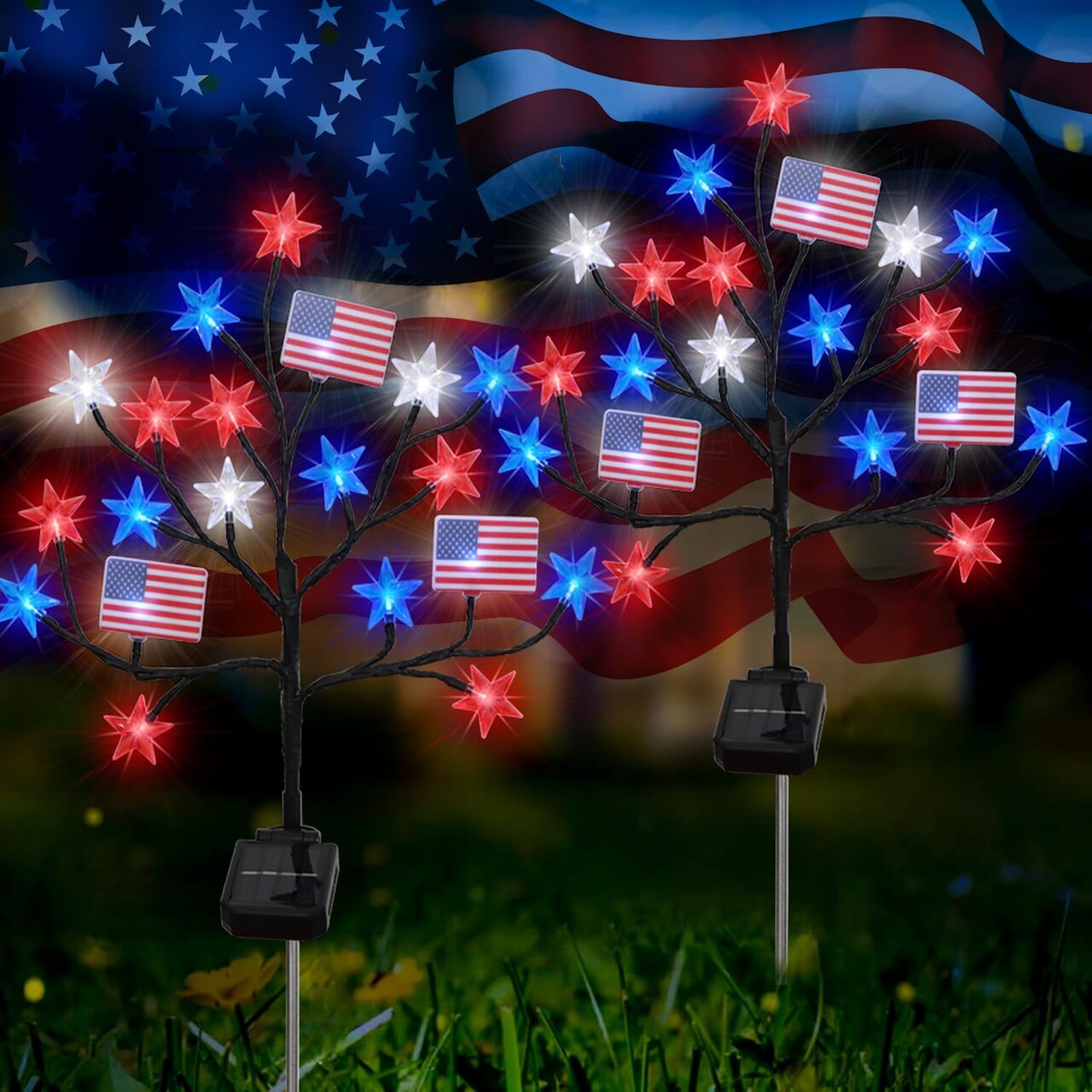 Upgraded 4th of July Decorations Solar Lights, 2 Packs 40LED Red White and Blue 4th of July Stake Lights, Outdoor Waterproof Memorial Day Decorations Patriotic Lights for Garden Yard Pathway Grave
